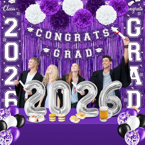 Image of Graduation Party Decorations Class of 2026, Graduation Decorations with Congrats Grad Banner Fringe Foil Curtain Paper Flower Ball Balloons for High School College Graduation Party Supplies, Purple
