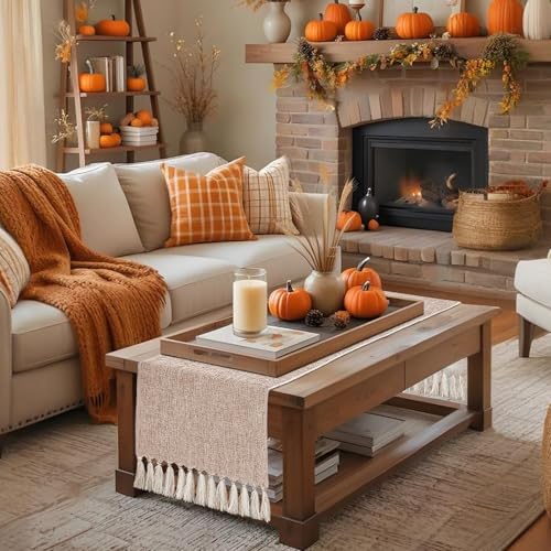 yuboo Boho Table Runner Short, Fall Neutral Coffee Table Runner Burlap Wide Table Runners 48 inches Long fit for Breakfast Table (15x55 Tassels Included)