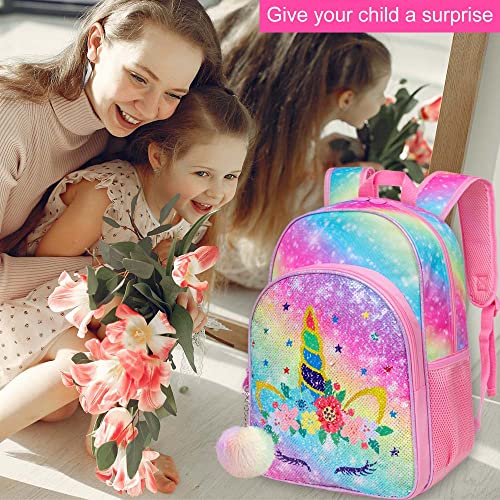 Wzlvo 3Pcs Unicorn Backpack For Girls, 16” Kids Sequin Bookbag, Elementary Preschool School Back Packs And Lunch Box #TOP7