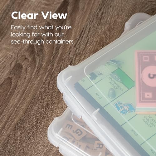 Image of IRIS USA Board Game Storage Containers, 4-Pack |Made in USA| Organizers with Built-In Handle & Snap-Tight Lid for Puzzles, Scrapbook, and Fits 8.5 inch x 11 inch or A4 Papers, Slim - Clear