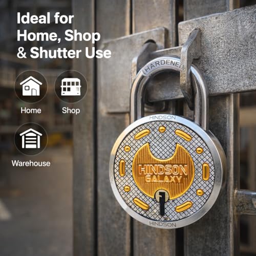 Image of HINDSON 3 Common Keys Galaxy Brass 65mm Round Padlock Pack of 2 with 3 Common Keys, Double Locking 8-Lever Security Lock, Heavy Metal Body for Gate, Door, Shutter, Home & Shop Use