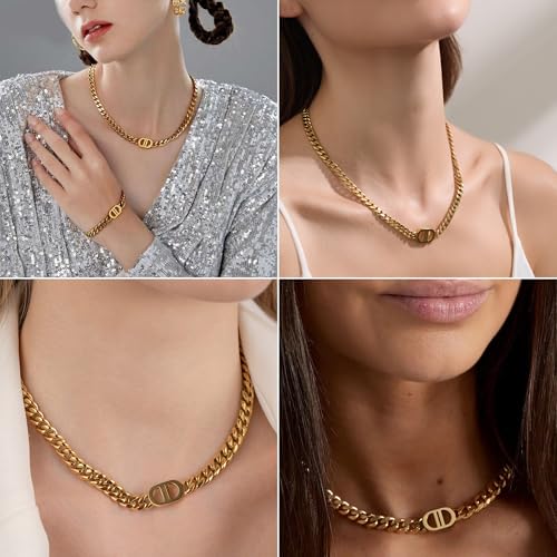 CG&KYGG Womens 18K Real Gold Plated Initial Necklace Choker with Double D Letter, 6mm 316L Stainless Steel Cuban Link Chain, Birthday Valentine's Day & Mother's Day Gift(Delicate Box & Pouch Packing)4