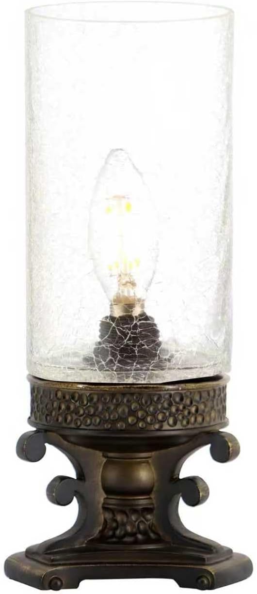 Glass Table lamp with fine Cracks, Small Candle Holder, Desktop Night Light, Bronze-Colored Resin Base, 4 inches x 4 inches x 10.5 inches