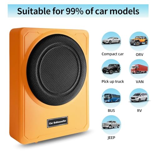 Image of Junsun Slim Under-Seat 10″ 800W Powered Car /Truck Subwoofer & Amp Combo - 220W RMS, Built-in Amplifier, High /Low Input, with Wire Mounting Kit (Vibrant Orange)