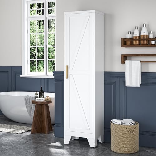 Tall Bathroom Cabinet,Narrow Metal Storage Cabinet with 5 Adjustable Shelves and Single Barn Door,Slim Pantry Storage Organizer for Bathroom,Kitchen,Entryway 67H White