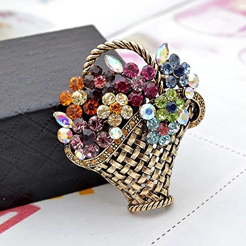 Image of SaiDian 1Pcs Flower Basket Brooch Colorful Rhinestone Flower Brooch Spring Floral Basket Basket Corsage Breastpins for Women Coat Suit Pin
