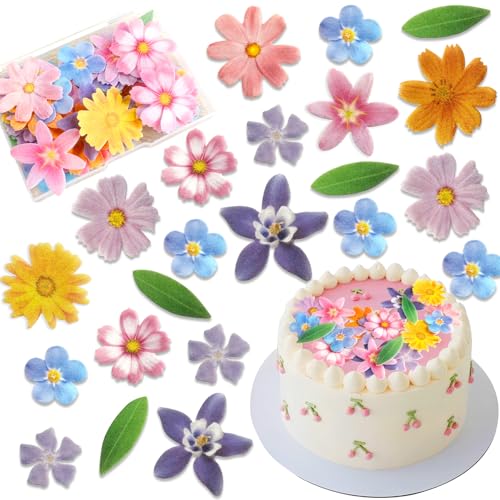 Morofme 60pcs Edible Flower Cake Decorations Wafer Paper Flowers Hawaiian Flower Leaves Cake Decor Daisy Cupcake Topper Mixed Size for Colourful Tropical Themed Baby Shower Birthday Party Supplies