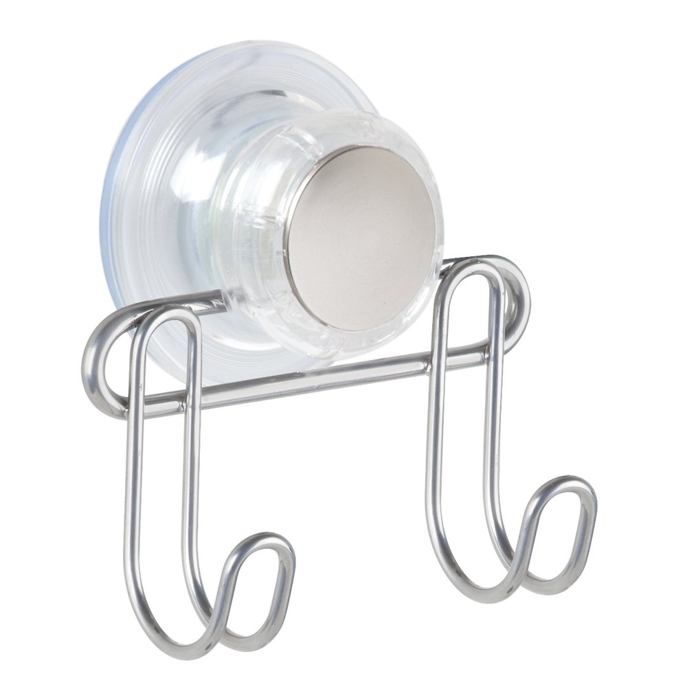 iDesign Turn-N-Lock Suction Shower Double Hook for Loofahs/Razors/Brushes, Silver