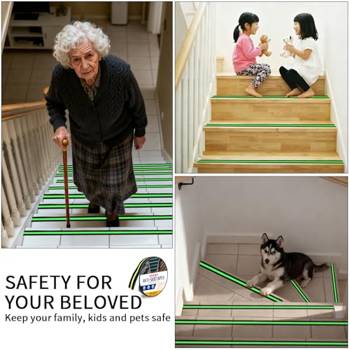 Image of Glow in Dark Anti Slip Tape, 1 inch x 35FT Heavy Duty Waterproof Safety Grip Tape for Stairs, Pool, Bathroom - Black & Glow Stripe Indoor /Outdoor Multi-Purpose Traction Tape