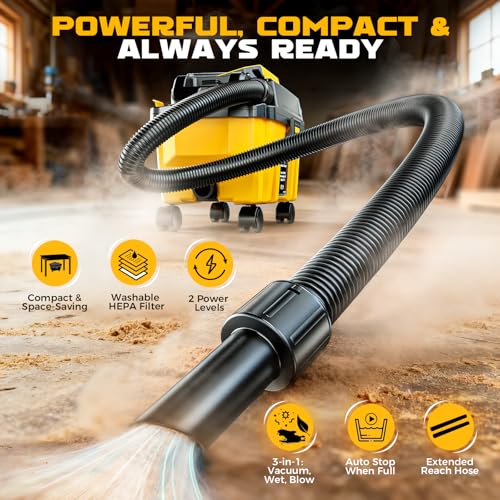Image of Ecarke 2.5 Gal Cordless Wet Dry Vacuum Compatible with DeWalt 20V Battery, 3-in-1 Shop Vac with Washable HEPA & Brushless Motor, 15KPa Suction, 4 Attachments for Garage Car Workshop (Tool Only)