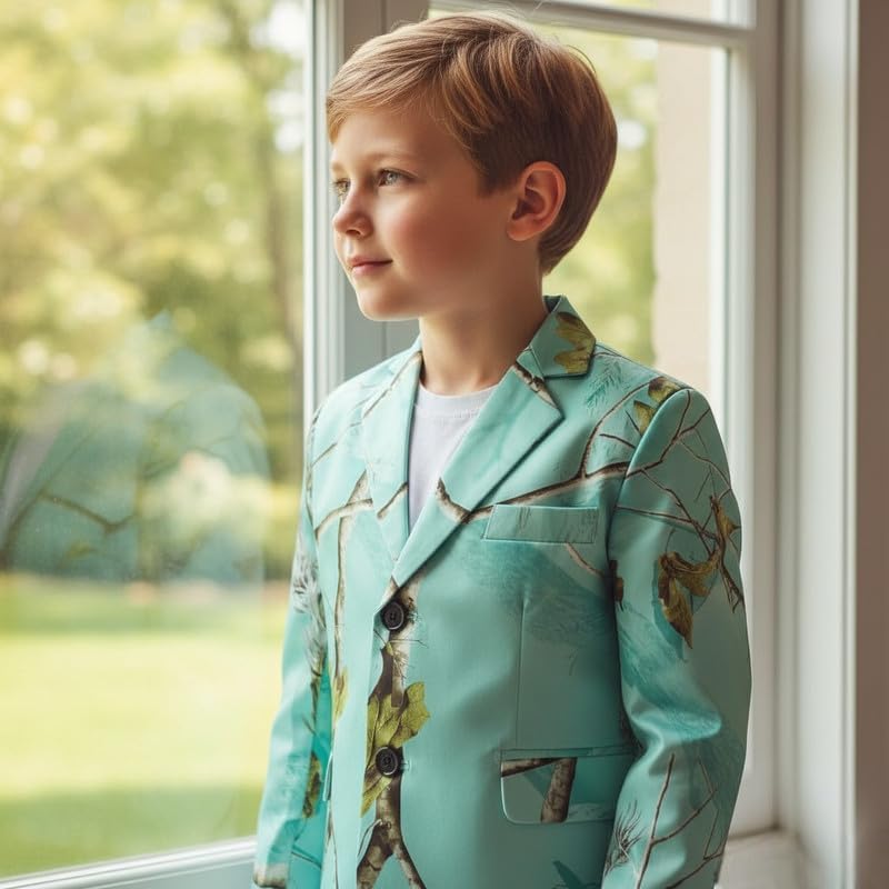 Boys Lake Blue Camo Blazer 2 Button Design with Flap Pockets Formal Outfit for Wedding Party