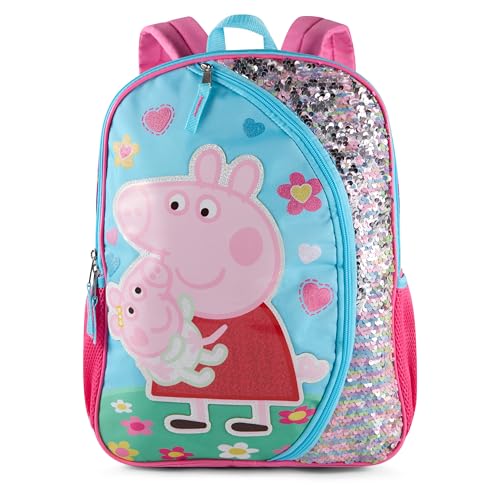 Peppa Pig 16 Inch Girls Backpack with Glitter Character Patch Pastel Rainbow Flip Sequins Preschool Bookbag