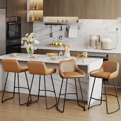 Butacos Alunaune de 30 pulgadas, set de 2 unidades, estilo mid century con tapizado en cuero sintético, sillas modernas para barra o isla de cocina con respaldo y patas metálicas - Marrón miniatura 5