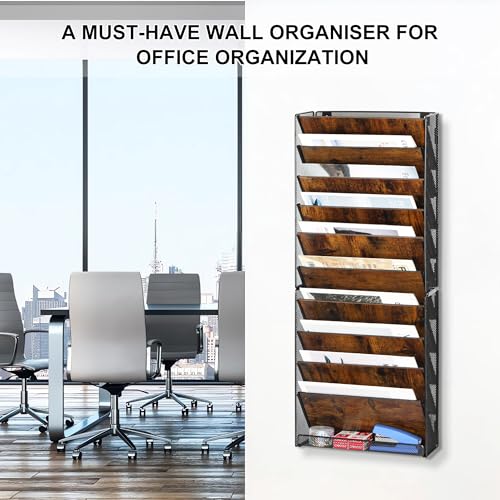 TQVAI 10 Compartimentos Metal Madera Revistero Pared Documentos Organizador Papeles A4 Colgante Oficina Archivador de Organizador Herramientas Pared, Negro/Antiguo - imagen 2