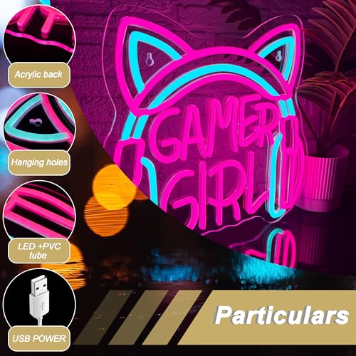 Image of Mutank Gamer Girl Cat Headphones Neon Sign, Game Room Neon Sign USB Powered Game Headphone Sign LED Dimmable, for Gaming Room Bedrooms and Cat Ear Girl Man Caves Decor(13.3 * 12.2 In)