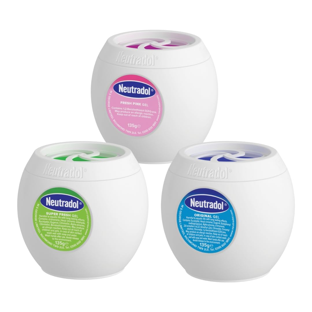 Neutradol Slow Release Gel, Air Freshener and Odour Eliminator, No Plug or Spray Needed, Super Fresh, Fresh Pink & Original, Multipack of 3 x 135g