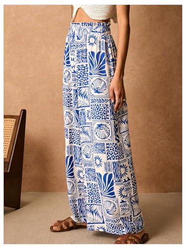WDIRARA Women's Boho Tropical Graphic Palazzo Pants Elastic High Waisted Wide Leg Pants4