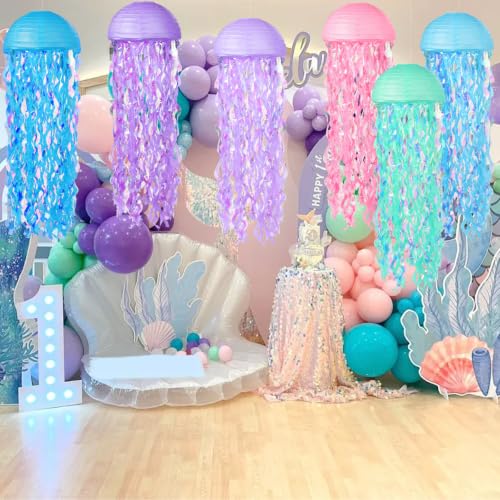 Image of Jellyfish Paper Lanterns 6 Pacs 10 Inch Under The Sea Mermaid Party Baby Shower Decorations Blue Hanging Jelly Fish for Ocean Spongebob Birthday Party Decorations (Multicolor)