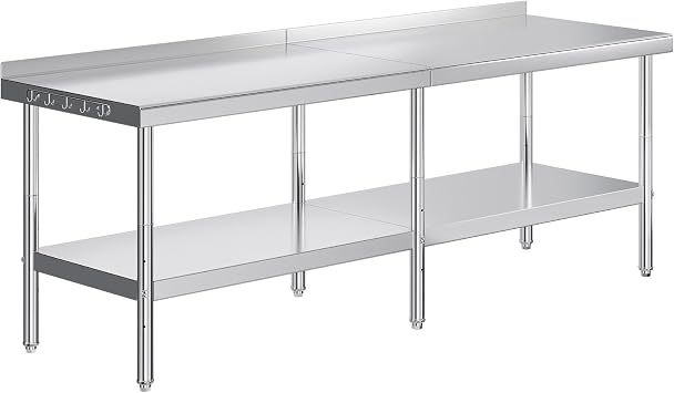 Jocisland 30" x 96" Stainless Steel Table for Prep & Work, Food-Grade Stainless Steel with Backsplash, Adjustable Under Shelf & Safe Design for Restaurant, Home and Outdoor