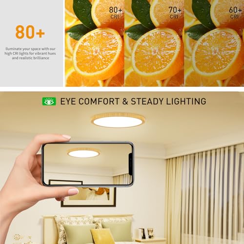 Light Fixtures Ceiling Mount: 12 Inch 24W Wood Grain 3CCT LED Ceiling Light 3000K-4000K-6000K Selectable Flat Round Lights for Bedroom Laundry Closet Hallway Office Set of 2 by CAMCLIM - Used condition - Image 2