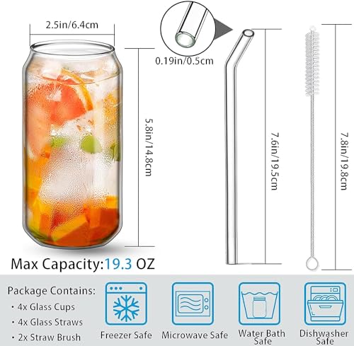 Image of WEZOSHINET 1 Pcs Glass Cups with Bamboo Lids and Straws, 20oz Can Shaped Drinking Beer Glasses, Iced Coffee Cups, Cute Tumbler with Straw Cleaning Brushes, Ideal for Bubble Tea, Smoothie, Juice