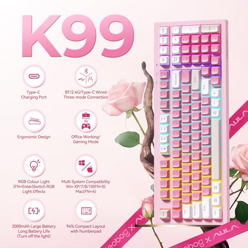 Image of LEOBOG x Aula Pink Keyboard, Wireless Gaming Keyboard Silent Computer Keyboards Creamy Color Membrane Keyboard with Number Pad Cute Quiet RGB Backlit Tri-Mode BT /2.4GHz /USB-C