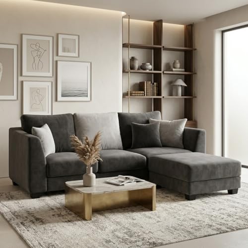 Image of SOCOZI Trevano 4 Seater L Shape Sofa Set with Movable Ottoman | Flexible Left or Right Layout | Soft Velvet Suede Fabric | Modern Design | Plush Comfort Cushions for Living Room (Dark Gray-Light Gray)