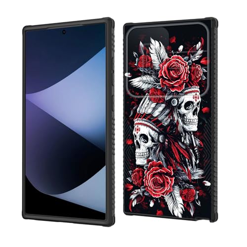 wiaekosef for Galaxy S24 Ultra Case Built in Slide Camera Lens Cover,Heavy Duty Shockproof Protection Dual Layer Case for Samsung Galaxy S24 Ultra 6.8" 2024,Skull Art with Feathers and Roses - image 1
