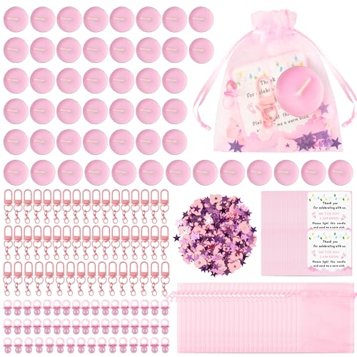 Cadeau d'invité fête prénatale avec bougie rose et carte merci
