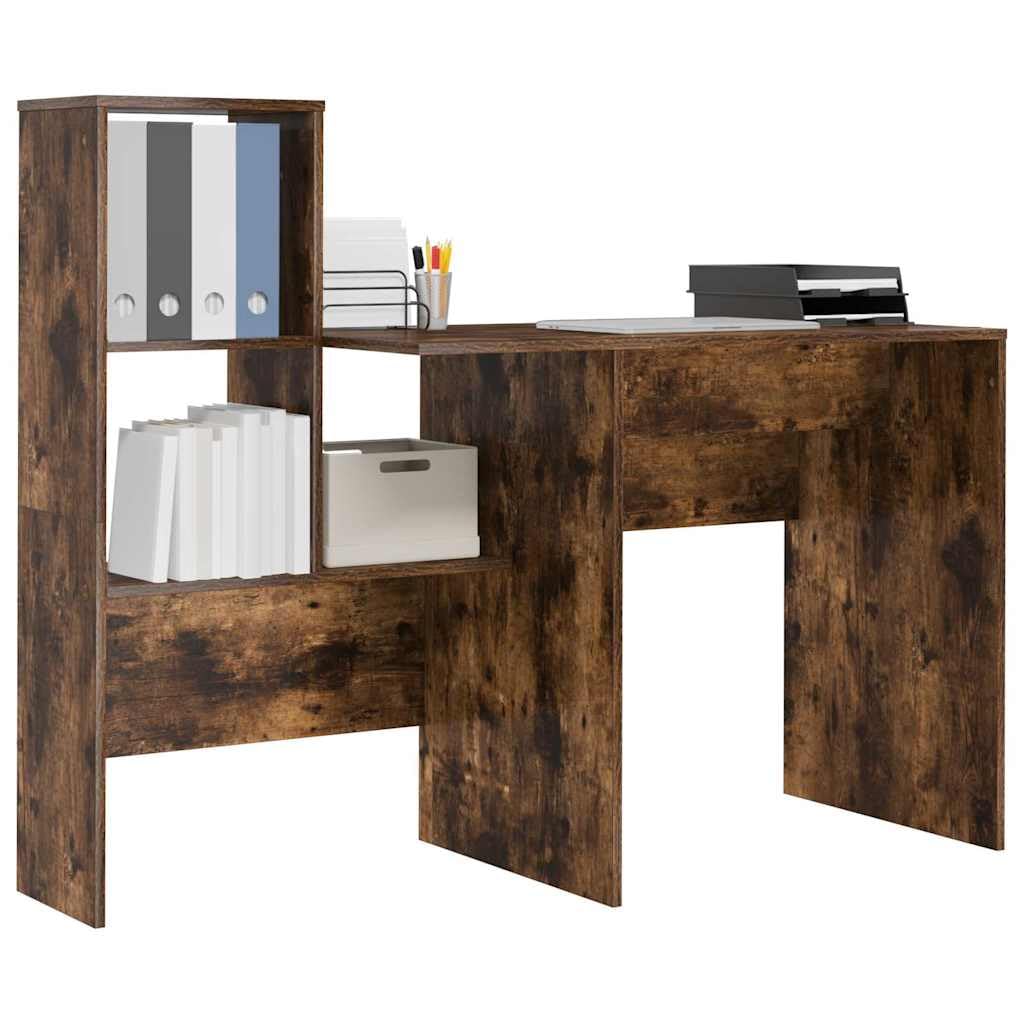 Scrivania rovere fumé in legno ingegnerizzato 131,5x50x106,5 cm con ripiano e mensole integrati per lavoro, studio, gaming e smartworking in casa o ufficio