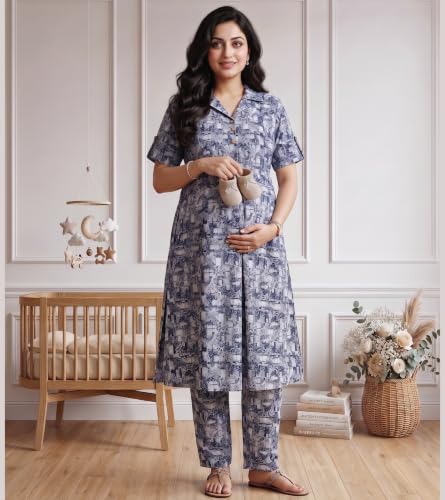 Image of DUMMY SHAPE Feeding Dresses for Women Full Set | Cotton Blend Maternity Kurta Pant Suit with Dual Nursing Zippers, Side Pocket to Pre & Post Pregnancy | Mom to Be Gifts