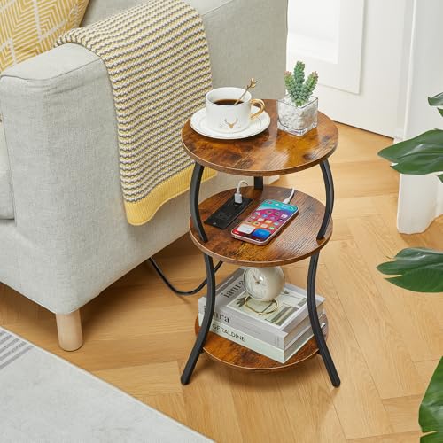 Small Round Side Table with Charging Station, 3-Tier Waist Circular End Table with Storage Shelf, Compact Tea Sofa Side Table Small Spaces, Round Corner Coffee Table for Living Room Bedroon,Brown - Image 3