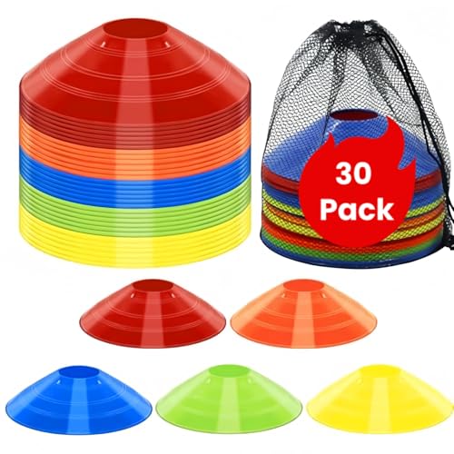 GilesEdward 30Pack HighVisibility Disc Cones with Carry Bag & Holder Multicolour Agility Markers for Soccer Football & Speed Drills Durable Flexible PE Training Cones