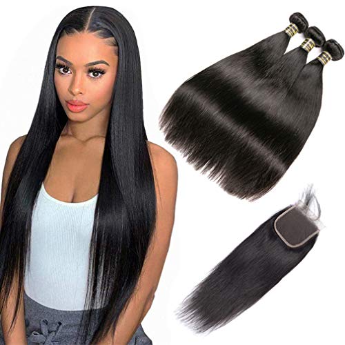Brazilian Straight Hair 4 Bundles With Closure Free Part Unprocessed Brazilian Human Hair 4 Bundles Straight Hair With Closure Lace Closure (24 26 28 + 20, Natural Color)
