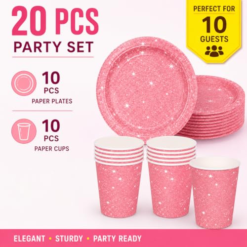 Image of Rozi Decoration Pink Sparkle Party Paper Plates and Cups Set - 10 Plates & 10 Cups | Elegant Disposable Tableware for Birthday, Baby Shower, Girls Party & Celebration Decor