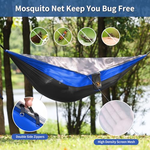 Image of Camping Hammock, Portable Hammocks with Mosquito Net,Lightweight Nylon Parachute Hammock with 10ft Tree Straps,Camping Gear Must Haves for Travel Hiking Backpacking Beach Patio-Deep Grey&Blue