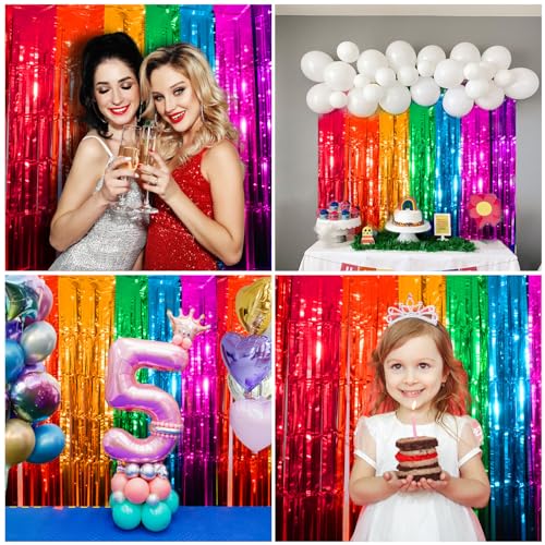 Image of 4 Packs Rainbow Foil Fringe Curtain, Assorted Color Metallic Tinsel Backdrop for Birthday, Baby Shower, Wedding, Rainbow Party Decorations Supplies