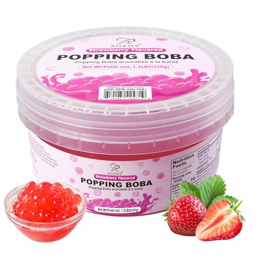 Soeos Strawberry Popping Boba, 550g(1.2 lbs), Bursting Boba Pearls for Bubble Tea, Frozen Yogurt, Beverages, Shakes, Desserts and Ice Cream Topping