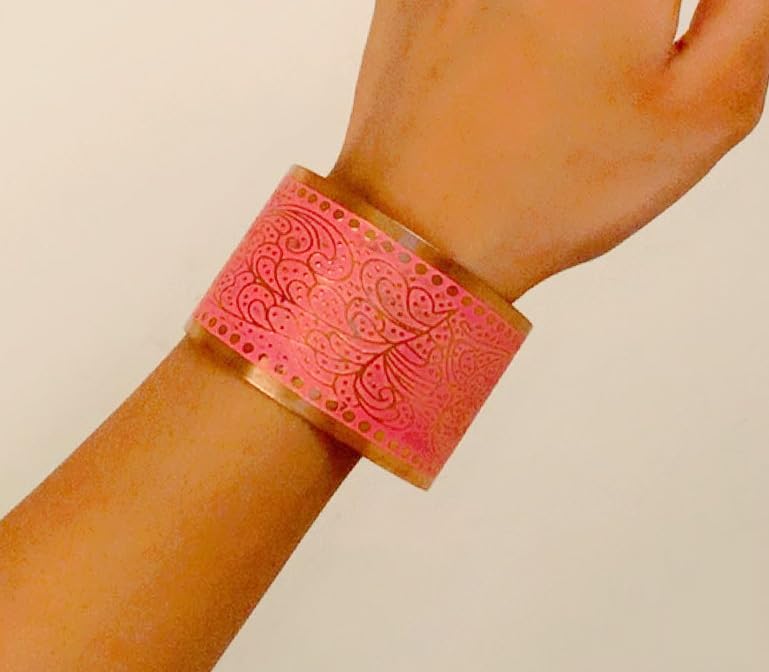 Image of Touchstone Indian Bollywood Desire Brass Base Exotic Workmanship Free Size Cuff Bracelet in Antique Gold Or White Or Copper Tone for Women.