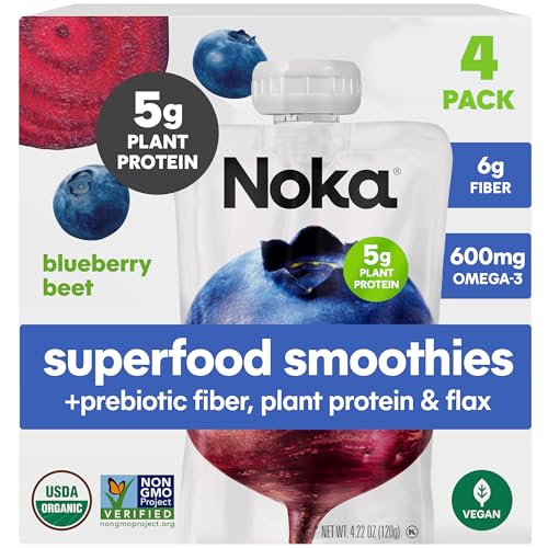 Noka Superfood Smoothie Pouches (Blueberry Beet) 4 Pack, with Pla...