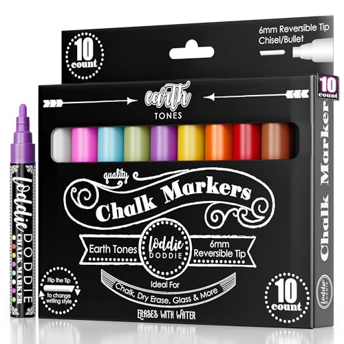 Image of Loddie Doddie Chalk Markers - 10-Pack, Earth Tones, 6mm Tips - Erasable Pens for Blackboard & Glass - Reversible Tips for Fine & Broad Lines - Window Chalk Markers for Cars & Mirrors