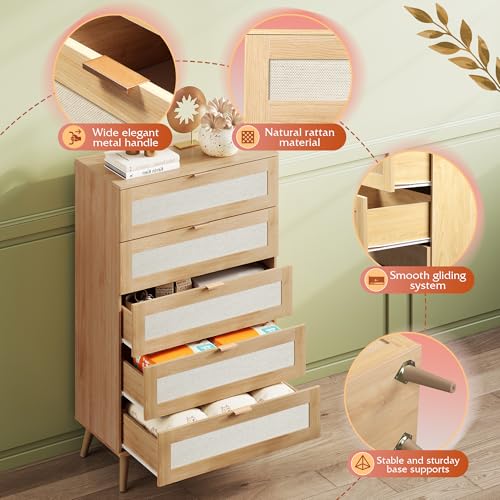 WLIVE Rattan Dresser for Bedroom, 50" Tall 5 Drawer Wooden Chest of Drawers, Boho Dresser Closet Storage Organizer for Living Room, Hallway, Light Oak - Image 5