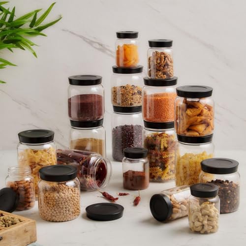 Image of Airtight Kitchen Container & Jar Dibba Set of 6 with Black Lid | Multipurpose Plastic Pantry Organizer Jars | Masala & Spice Box for Grocery, Dry Fruits, Snacks & More (500 ML)