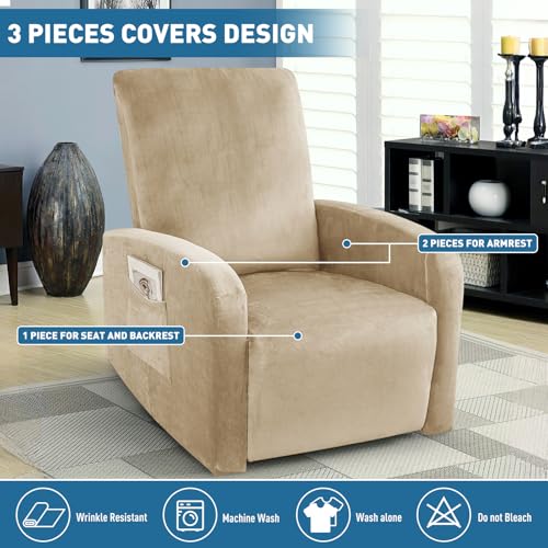 Image of ZNSAYOTX 2026 Velvet Small Recliner Cover 3-Piece, Luxury Plush Recliner Chair Covers with Elastic Band & Ties Stay in Place, Stretch Reclining Slipcover for Lazy Boy Soft Washable (Camel)