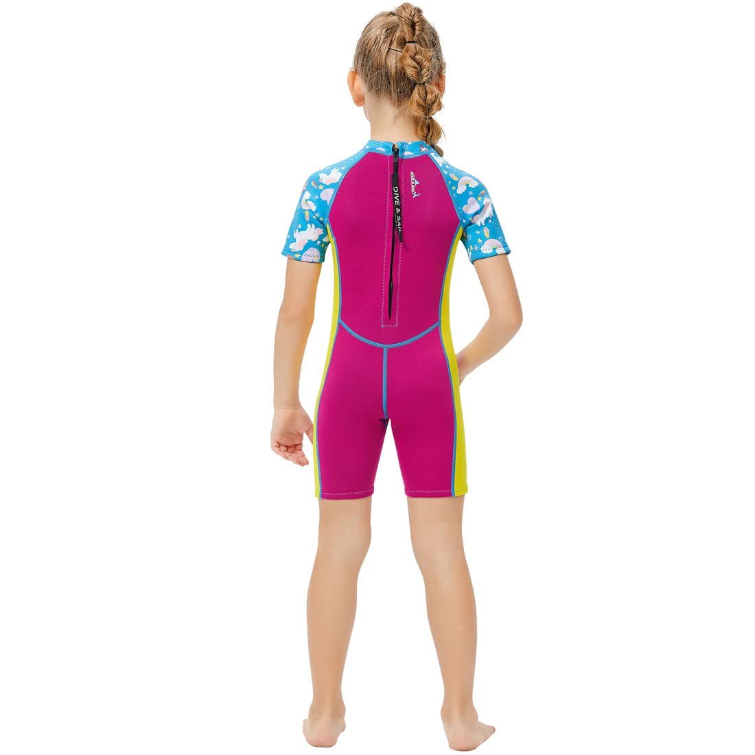 Kinder Neoprenanzug Mädchen Jungen Kurzarm Wäremehaltung UV-Schutz 2.5mm Neopren Tauchanzug Einteiliger kurzärmelig Badeanzug Reißverschluss warm Wetsuit Wassersport Einhörn XXL