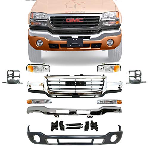 New Front Bumper Chrome Steel with Brackets + Grille + Lower Valance Primed + Head Lamps & Signal Lights with Brackets For 2003-2006 GMC Sierra 2500 HD 3500 Direct Replacement 19130795 88979837 New Front Bumper Chrome Steel with Brackets + Grille + Lower Valance Primed + Head Lamps & Signal Lights with Brackets For 2003-2006 GMC Sierra 2500 HD 3500 Direct Replacement 19130795 88979837