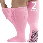 Orthostride Wide Diabetic Knee High Socks for Men Women Plus Size, Extra Long Edema Socks with Thickened Sole, Non-Binding Loose Fit Socks for Lymphedema, Neuropathy, Swollen Feet, Hospital-2 Pairs Pink