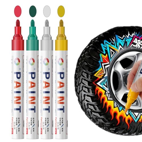 Nurila 4 Stück Reifenstift Weis Wasserfest, 4 Farben (Rot, Weiß, Grün, Gelb) Auto Reifen Stift,2-3mm, Graffiti, Lackstift Reifenstift Große Kapazität Für Auto Motorrad Reifen, Glas, Metall, Gummi