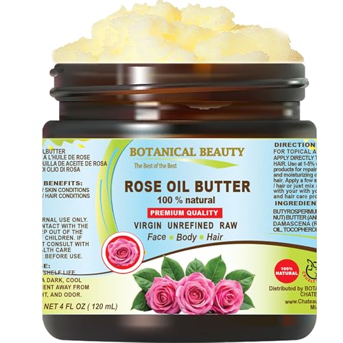 Botanical Beauty ROSE OIL BUTTER 100% Natural Rose Essential Oil in Shea Nut Butter for FACE SKIN BODY HAIR NAILS Beauty Skin Moisturizer Oil Butter Skin Nourishing (4 Fl Oz 120 ml)