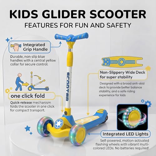 Image of StarAndDaisy Kids Kick Scooter for 3+ Year, kick Scooter for Kids, Skating Scooter with Light Up LED Wheels, Adjustable Handle Height, Foldable 3 Wheel Skate Scooter for Boys Girls 3-12 Years